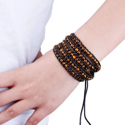 Vista 4 de TUMBEELLUWA - Pulsera de piel tejida bohemia con piedras de cristal curativo