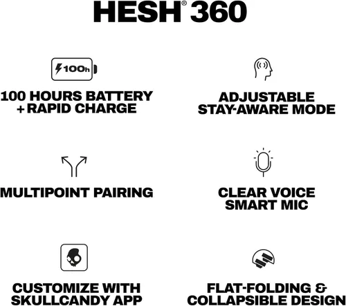 Vista 10 de Skullcandy Hesh 360 Wireless Over-Ear Bluetooth Headphones, Up to 100 Hours Battery, Noise Isolating Fit, Flat-Folding Collapsible Design