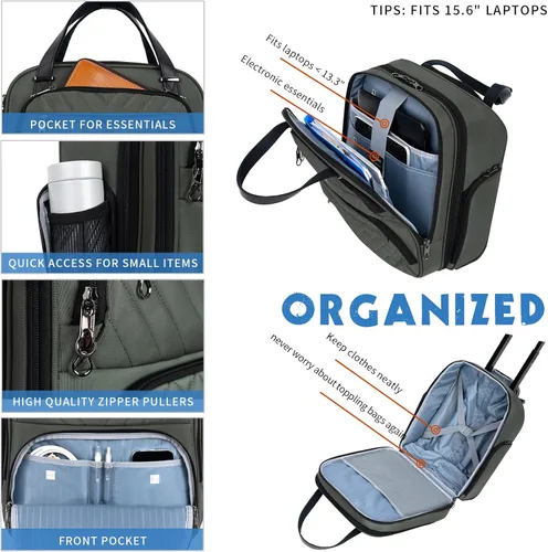 Vista 4 de KROSER - Equipaje de mano multifuncional para mujer, ligera, maleta para colocar debajo del asiento, 16 pulgadas, Verde militar