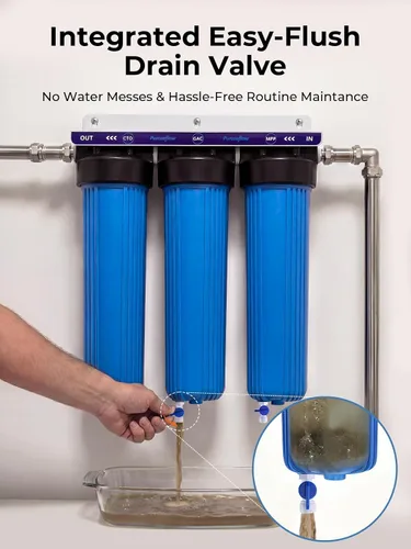 Vista 6 de Sistema de filtro de agua de 3 etapas para toda la casa, 20 x 4.5 pulgadas, doble carbono (GAC y CTO) para máxima reducción de cloro y olor, puertos