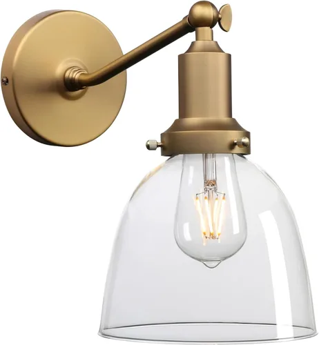 Vista 4 de PERMO Industrial Vintage Slope Pole Wall Mount Single Sconce with 6.7" Oval Dome Clear Glass Shade Antique Gold Wall Sconce Light Fixture