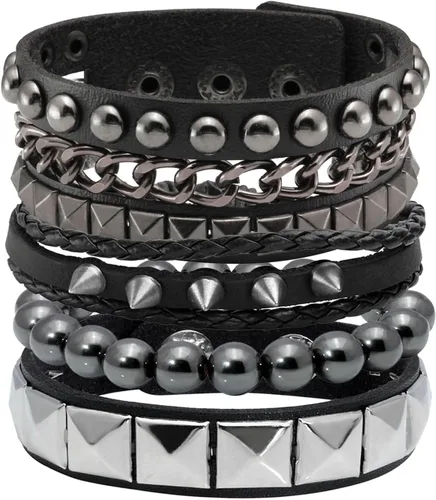 Vista 8 de Eigso Juego de 4 pulseras de cuero punk, con tachuelas de roca para hombres y mujeres, estilo retro, clásico, con pinchos, de metal, para hombre