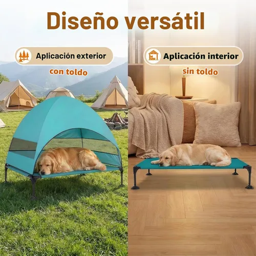 Vista 6 de Cama elevada para perros con toldo a prueba de rayos UV, tienda de campaña para perros al aire libre con potentes pies ajustables, cuna portátil