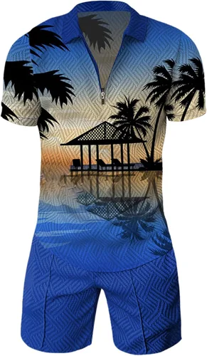 Vista 3 de Conjunto deportivo de 2 piezas para hombre, camiseta polo y pantalón corto, con cremallera de un cuarto, casual, elegante, grande y alto