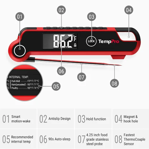 Vista 7 de TempPro TempSwift - Termómetro digital para carne de lectura instantánea Cooking Thermometer with Large Auto-Rotating LCD Display, Waterproof Food