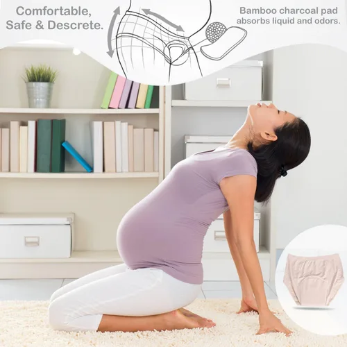 Vista 4 de Ropa interior de incontinencia para mujer con banda alta (beige) con almohadilla de carbón de bambú blanco superabsorbente (14 onzas), beige