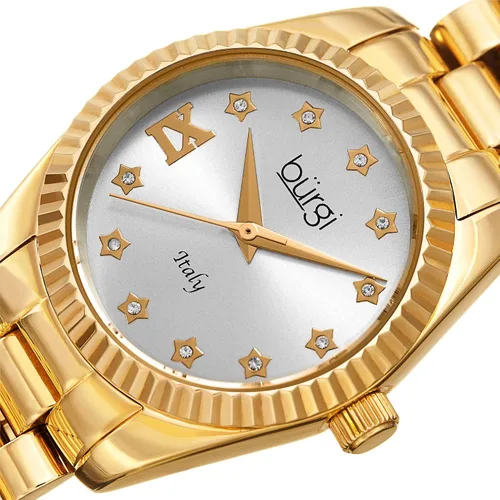 Vista 2 de Burgi Designer Acero Inoxidable Reloj de Mujer - Cadena Enlace Pulsera Correa, Moneda Edge Estilo Bisel, Esfera de Sunburst con Forma de Estrella