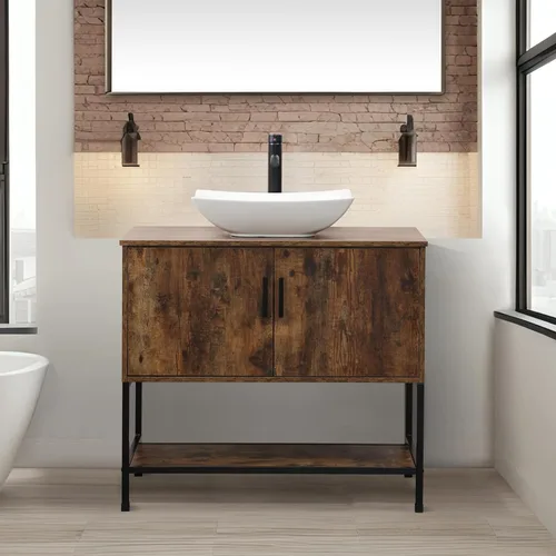 Vista 54 de UEV Juego de tocador de baño antiguo de 24 pulgadas, color marrón oscuro con lavabo, armario de baño de madera de hierro con grifo de temperatura