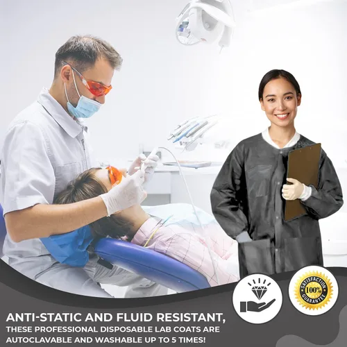 Vista 6 de Medical Nation Abrigos de laboratorio desechables de 1.76 oz/m², abrigo de laboratorio profesional hasta la rodilla, puños de punto, bolsillos Negro