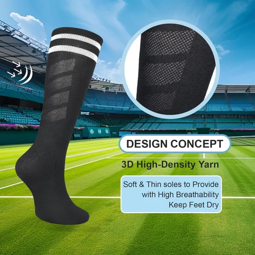 Vista 4 de 6 pares de calcetines elásticos de fútbol para niños, calcetines de tubo alto hasta la rodilla, coloridos calcetines de fútbol atlético para niños