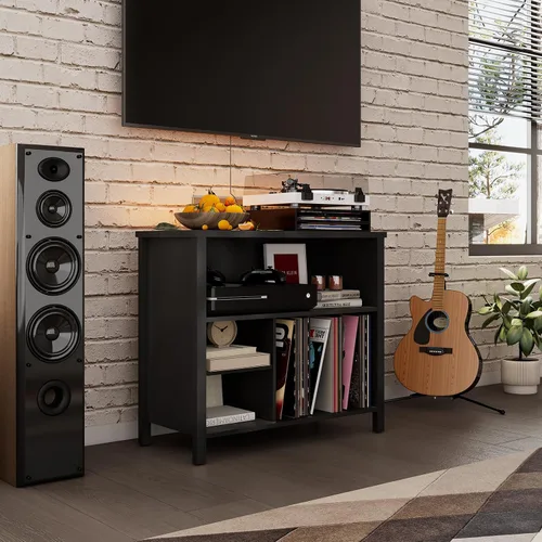 Vista 6 de Soporte para tocadiscos, gabinete de almacenamiento de discos de vinilo de mediados de siglo, soporte para tocadiscos de 3 niveles, soporte