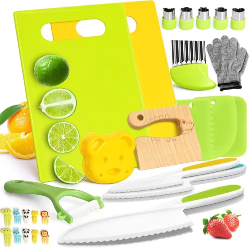 Vista 11 de Suhctuptx Cuchillos de cocina para niños, juego de cuchillos de nailon para niños pequeños con cortador ondulado, cuchillo seguro para niños