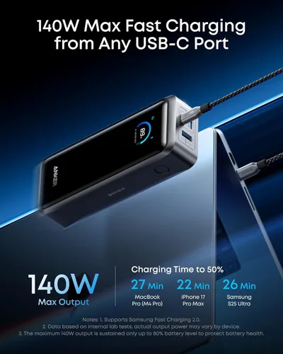 Vista 3 de Anker Prime Power Bank, banco de energía portátil de 3 puertos de 26,250 mAh con salida máxima de 300 W, carga bidireccional, aprobado por la TSA