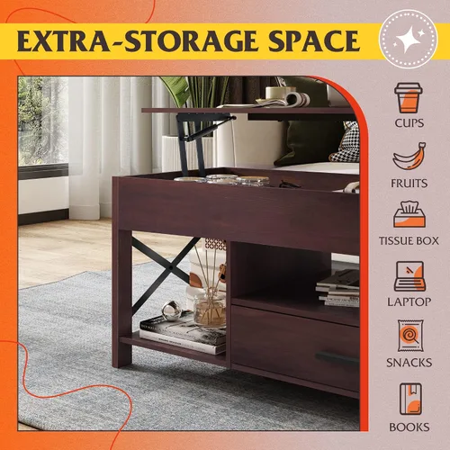 Vista 7 de WLIVE Mesa auxiliar elevable, mesa auxiliar de 39 pulgadas con cajones de almacenamiento, compartimento oculto, mesa central de madera para sala