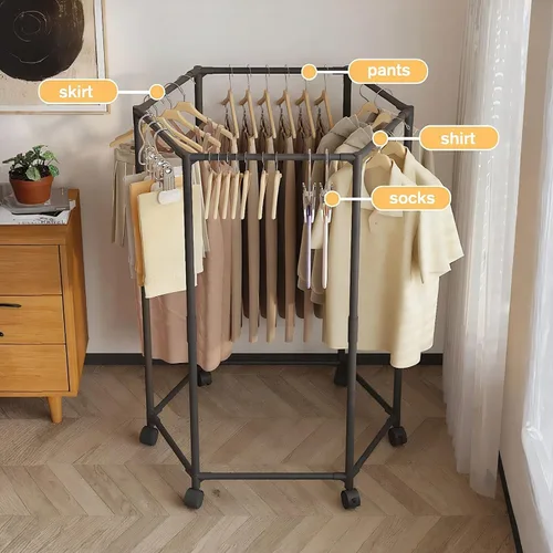 Vista 8 de Perchero con ruedas, perchero hexagonal con ruedas para colgar ropa, tendedero de ropa, almacenamiento de ropa para dormitorio, lavandería, balcón