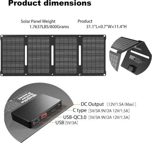 Vista 4 de Cargador de panel solar de 28 W, cargador solar portátil plegable con USB-C y salidas USB-A dobles para teléfonos, tabletas, bancos de energía
