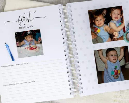 Vista 9 de Personalized Twin Baby Memory Book - Hardcover First Year Album Customized with Babies’ Names - Prompted Baby Journal (Blue Mountains)