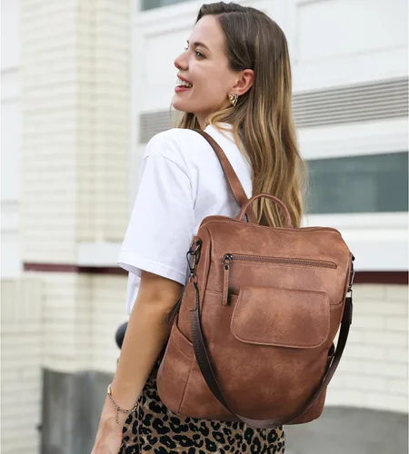 Vista 2 de CLUCI - Mochila de cuero para mujer, grande, convertible, de moda, antirrobo, mochilas de viaje