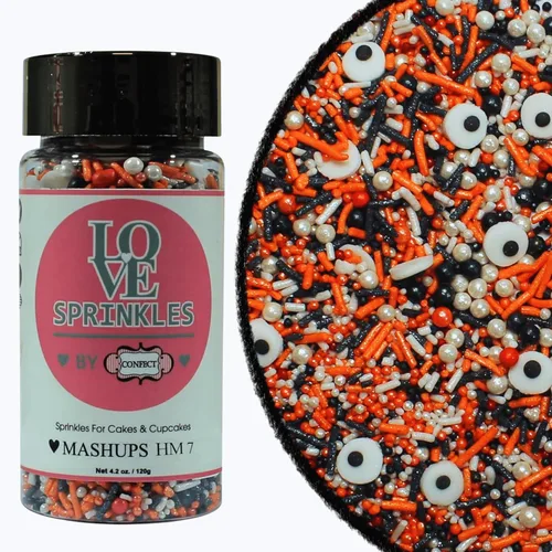 Vista 13 de Confect Mezcla de espolvorear de Halloween – Bolas de discoteca blancas, naranjas, moradas, negras y verdes, ojos de caramelo y jimmies – Gránulos