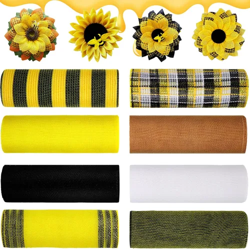 Vista 5 de Newwiee 8 rollos de cinta de malla para el Día de las Abejas de 10 pulgadas x 30 pies cada rollo, decoración para coronas y girasoles, cinta