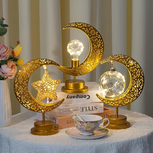 Vista 3 de Tujoe 3 piezas de decoración de Ramadán para el hogar, lámpara de luna rústica, estrella de ramadán, luna, luces de metal, funciona con pilas, luz