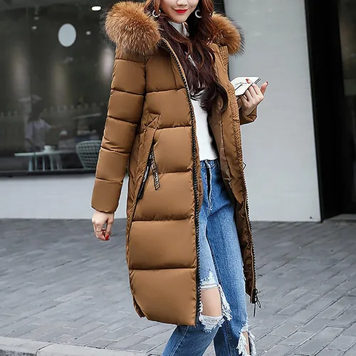 Vista 6 de kcdigr Abrigos de invierno para mujer, chaqueta de plumón con cremallera completa, con cinturón, con capucha, abrigo largo acolchado, maxi parka