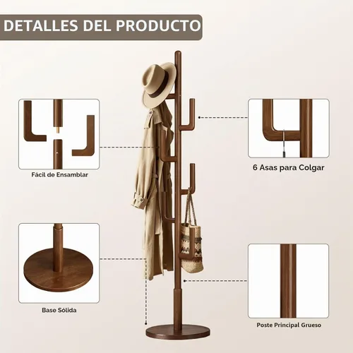 Vista 6 de Perchero independiente de cactus de madera maciza con 6 ganchos en forma de L y 3 tamaños ajustables, perchero para dormitorio, entrada, sala
