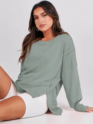 Vista 9 de ANRABESS Sudadera de gran tamaño para mujer, cuello redondo, manga larga, casual, con abertura, sin botones, ropa de otoño