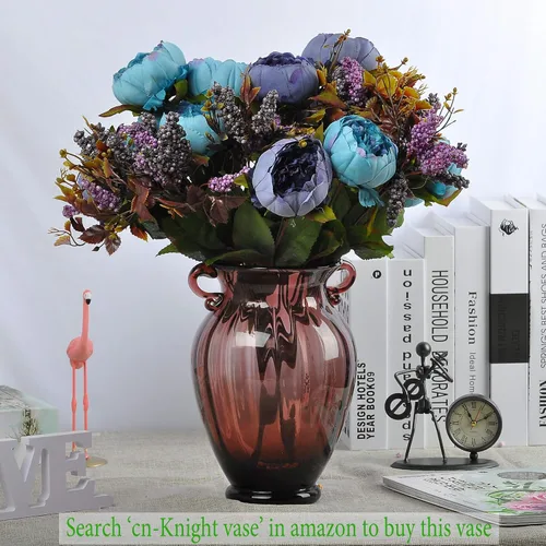 Vista 6 de 1 ramo de peonía artificial, racimo de peonía de seda de 19 pulgadas con 7 flores sintéticas, flores artificiales de estilo clásico con hojas y Azul