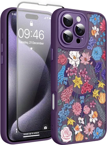 Vista 146 de Magnético para iPhone 13 con protector de pantalla [Compatible con MagSafe] Diseño de patrón floral de flores bonitas, funda delgada a prueba