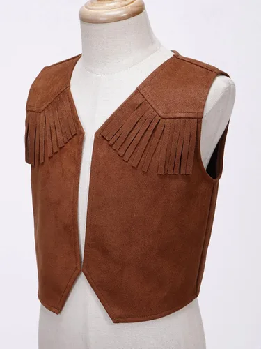 Vista 4 de Kids Cowboys Cowgirls Wild West Cosplay Fancy Dress-up Waistcoat Suede Tassel Vest Outwear Jacket