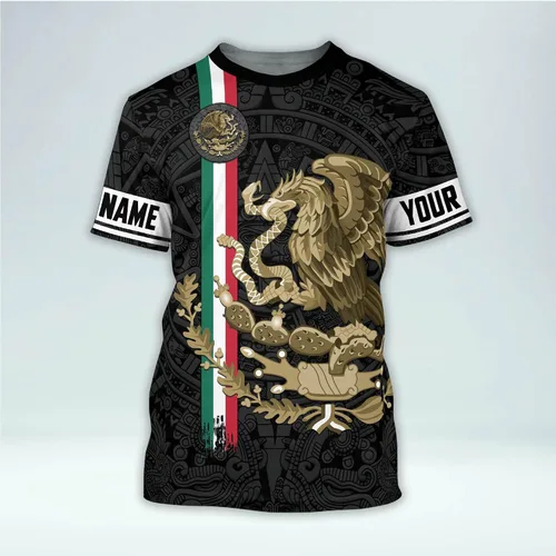 Vista 2 de Camiseta personalizada 3D de México para hombres con nombre, camiseta de manga corta con cuello redondo y bandera mexicana para hombre, camisas