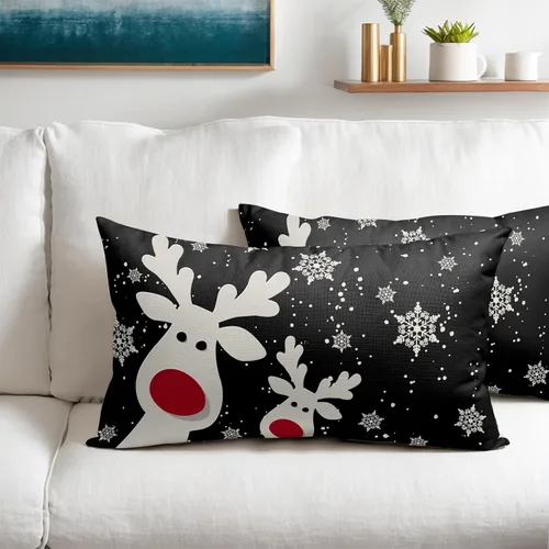 Vista 5 de Juego de 2 fundas de almohada lumbar de Navidad negras de 12 x 20 pulgadas, diseño rústico de copos de nieve de ciervos de Navidad, almohadas