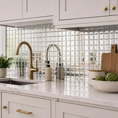Vista 5 de Lovdeco Azulejo de Mosaico de Vidrio Espejo Adhesivo de 2 pulgadas, 9 Caras Biseladas de Cristal Plateado para Salpicadero de Cocina, 12 x 10 Plata