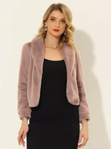 Vista 3 de Allegra K Chaqueta corta de invierno Fasion 2023 para mujer, con solapa y manga larga, abrigo esponjoso de piel sintética
