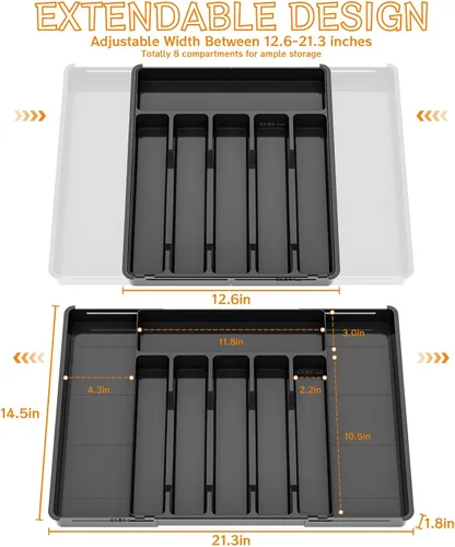 Vista 2 de Yieach Organizador de cajones de cubiertos expandible negro – Se ajusta de 11'' a 22'' – Organizador de cuchillos, cubiertos, cucharas y tenedores