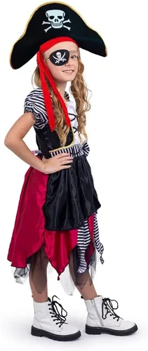 Vista 3 de Dress Up America Disfraz de pirata para niños, disfraz de pirata bucanero para niñas, vestido, sombrero y parche en los ojos