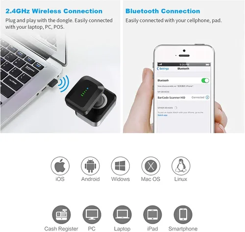 Vista 3 de Alacrity Escáner de código de barras inalámbrico QR 2D con base de carga e indicador de nivel de batería Bluetooth y 2.4 GHz inalámbrico y USB