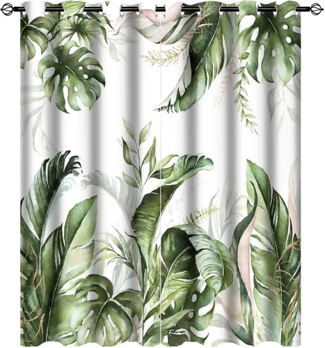 Vista 30 de Cortinas abstractas de hojas tropicales, acuarela tropical, hojas de palma, verano hawaiano, plátano, aislamiento térmico, cortinas completas