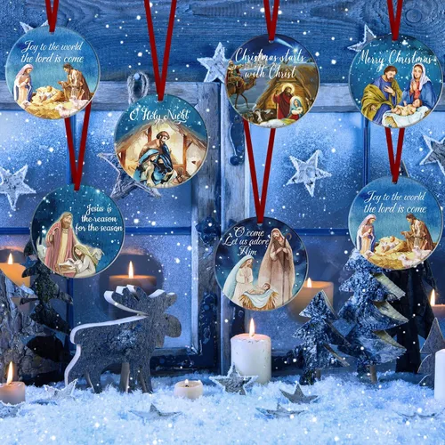 Vista 6 de Karenhi 6 piezas de adornos navideños de escena del nacimiento de Jesús, regalos religiosos, adorno navideño colgante de cerámica, escena
