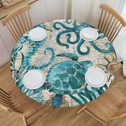 Vista 13 de Mantel ajustable con temática náutica con diseño de cangrejo, mapa de vida costero azul del océano, borde elástico, cubierta impermeable y lavable