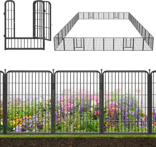 Vista 26 de Valla decorativa de metal negro para jardín con puerta, 4.5 pies de largo x 32 pulgadas de alto, 2 paneles de valla sin excavación, valla de barrera