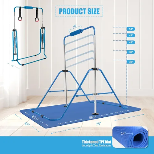 Vista 3 de Gymnastics Bar for Kids,Folding Gymnastic Training Kip Bar with Rings,Gymnastics Equipment for Kids,5-Level Adjustable Height Fitness Equipment for