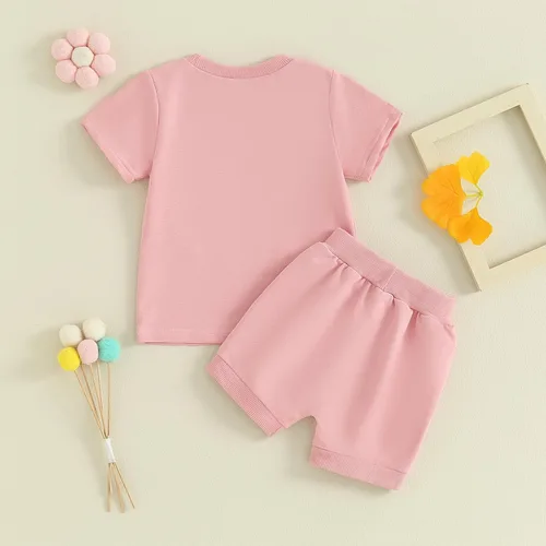 Vista 4 de Xdftwdmgqe Ropa para bebé niña, trajes de verano para recién nacidos, manga corta, camiseta y pantalones cortos, conjunto de sudadera para niños