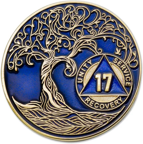 Vista 237 de 1 año Sobriety Mint Twisted Tree of Life Medallón de recuperación AA chapado en oro, chip/ficha - negro