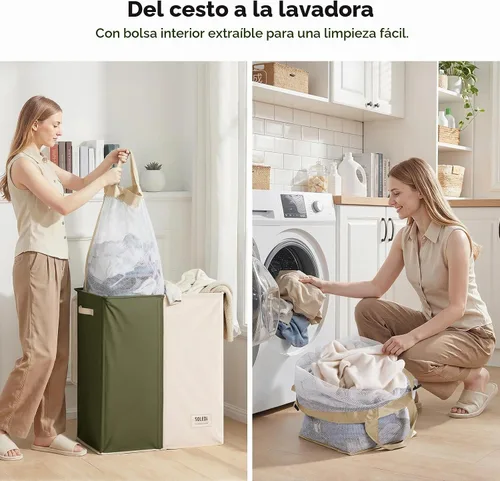 Vista 5 de SOLEDI Cesta de lavandería grande doble con tapa, cesta de ropa plegable de 2 secciones con bolsas extraíbles, cesta de lavandería que ahorra
