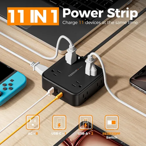 Vista 3 de TESSAN Cable de extensión de enchufe plano de 10 pies con múltiples tomas, regleta protectora de sobretensiones con 3 USB (1 USB C) 8 tomas, Negro