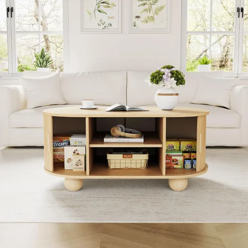 Vista 3 de Mesa auxiliar rectangular, mesas de centro acanaladas para sala de estar, mesa de centro de mediados de siglo con almacenamiento y puertas Natural