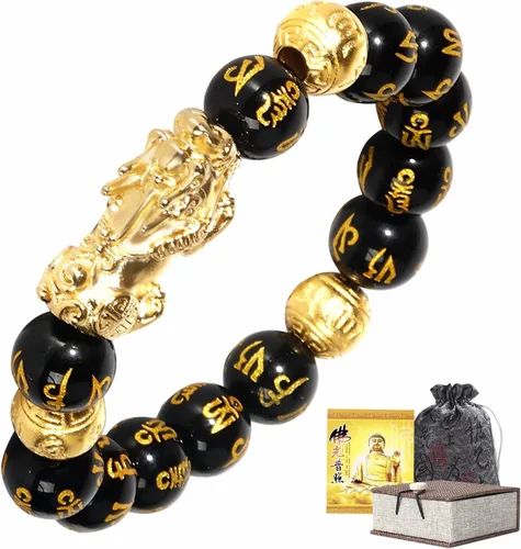 Vista 10 de Feng Shui Bracelet Obsidian Bracelet, 24k Gold Plated PiXiu Dragon Protection for Men Women, 12mm Mantra Prayer Beads Bracelets Meditation