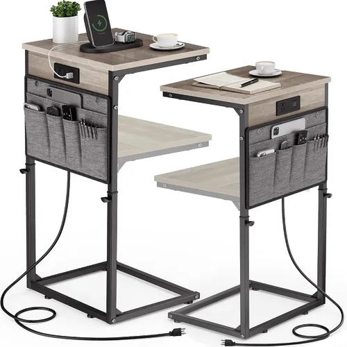 Vista 20 de Vagusicc - Mesa auxiliar en forma de C con estación de carga, mesa lateral de altura ajustable para sofá, mesa pequeña para sofá con laptop